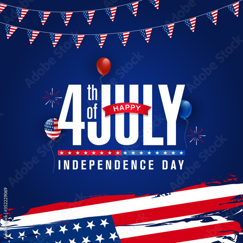 Happy 4th of July, USA Independence day lettering with American grunge flag, Party garlands, Balloons, and firework burst on dark blue background. Vector illustration.