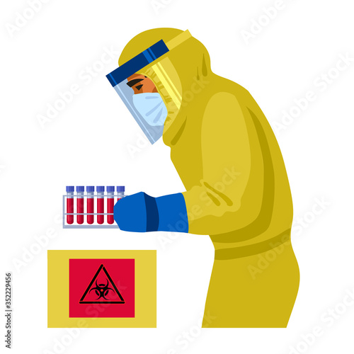 Doctor in protective suit holding blood samples test tubes. Vector illustration isolated on white background