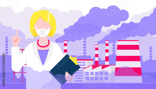 Confused woman doctor in mask against smog. Fine dust, air pollution, industrial smog protection concept flat style design vector illustration. Industrial factory pipes with huge clouds of smoke.