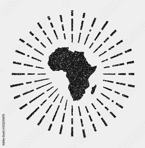 Vintage map of Africa. Grunge sunburst around the continent. Black Africa shape with sun rays on white background. Vector illustration.