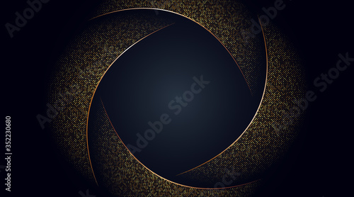 Black abstract swirl illustration with golden glitter halftone background