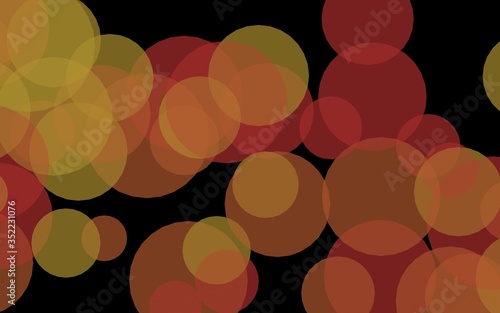 Multicolored translucent circles on a dark background. Yellow tones. 3D illustration