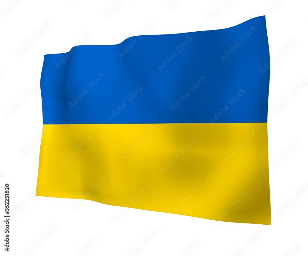 The flag of Ukraine on a white background. National flag and state ensign. Blue and yellow bicolour. 3D illustration waving flag The flag of Ukraine on a white background. National flag and state ensign. Blue and yellow bicolour. 3D illustration waving flag