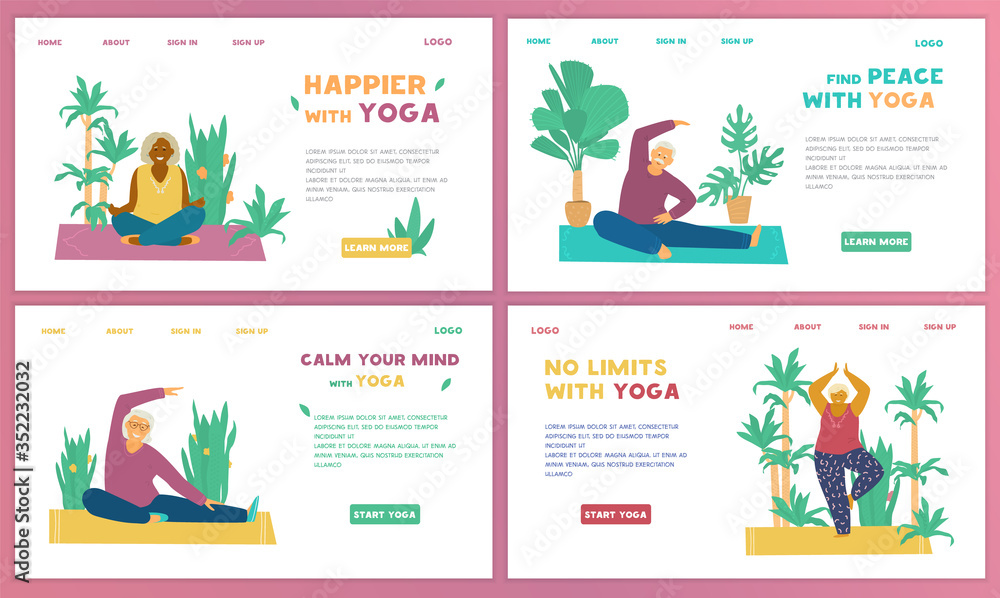 Yoga for seniors vector set of website templates. Different elderly people doing yoga on mats surrounded with plants. Flat design. Yoga for seniors vector set of website templates. Different elderly people doing yoga on mats surrounded with plants. Flat design.