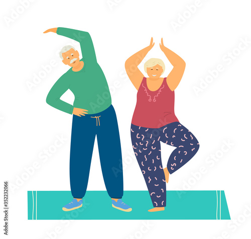 Smiling elderly couple practicing yoga and stretching on mat. Happy senior couple. Active and healthy retirement. Flat vector illustration.