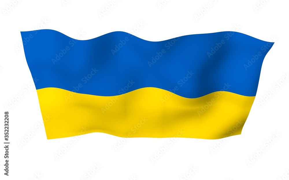The flag of Ukraine on a white background. National flag and state ensign. Blue and yellow bicolour. 3D illustration waving flag The flag of Ukraine on a white background. National flag and state ensign. Blue and yellow bicolour. 3D illustration waving flag