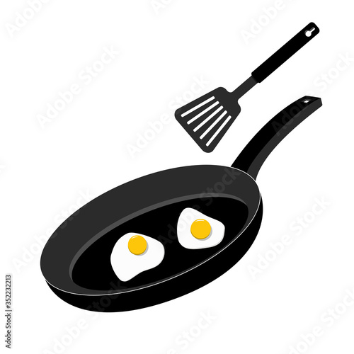 Black pan isolated on a white background, fried eggs in a pan. Breakfast icon