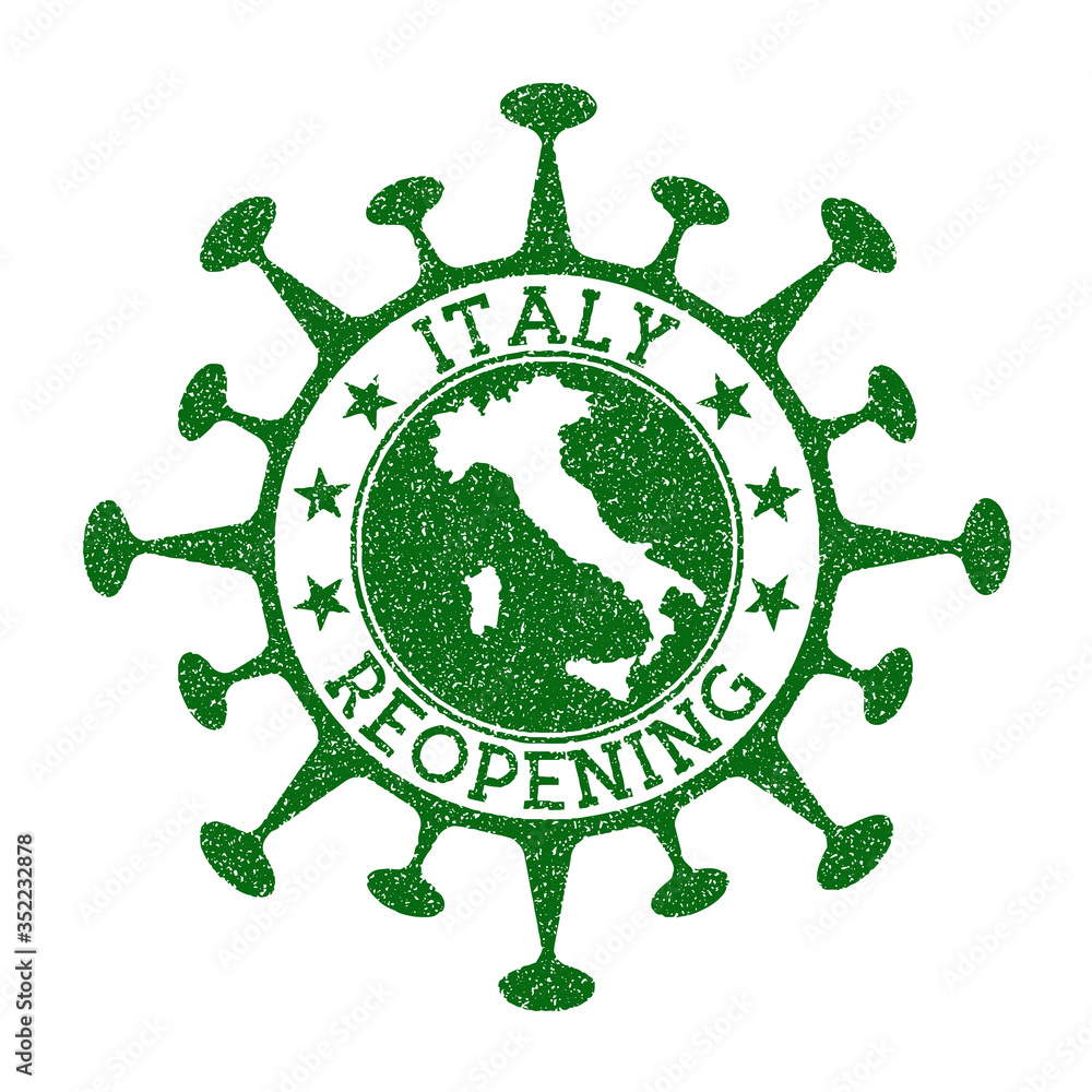 Italy Reopening Stamp. Green round badge of country with map of Italy. Country opening after lockdown. Vector illustration.