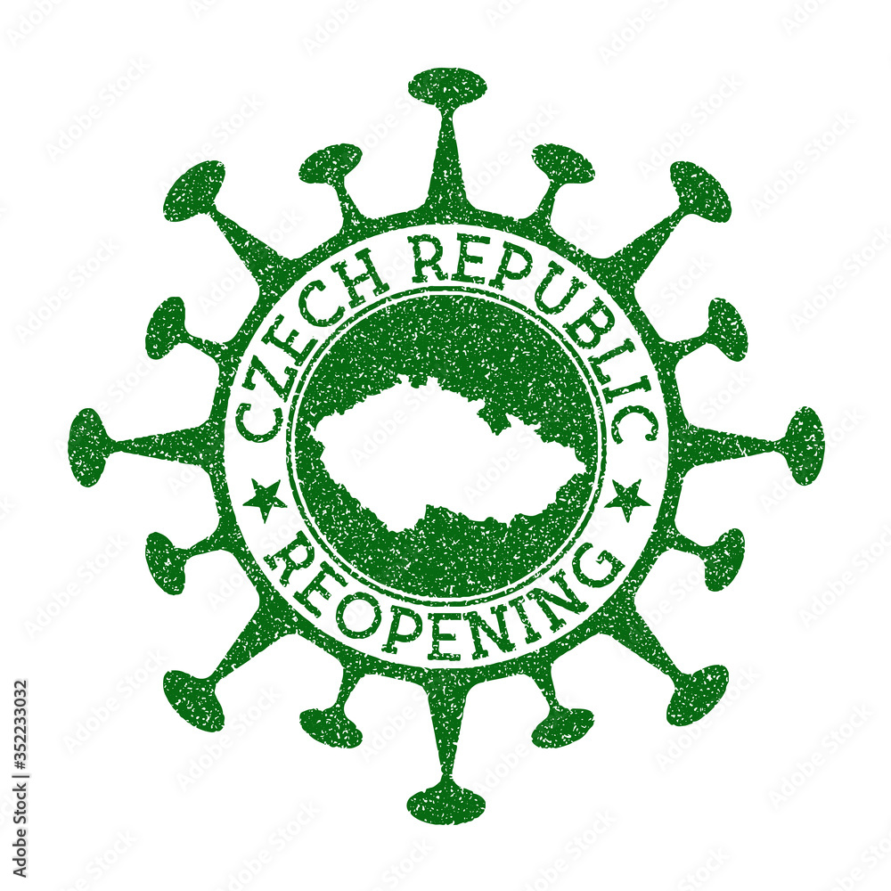 Czech Republic Reopening Stamp. Green round badge of country with map of Czech Republic. Country opening after lockdown. Vector illustration.