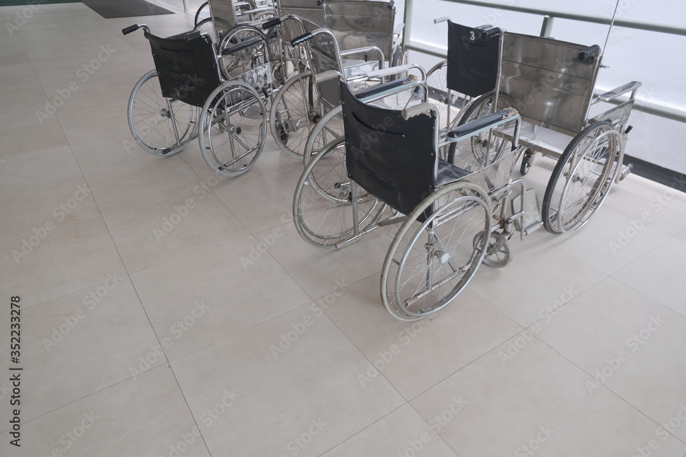 Empty wheelchairs For patients cannot walk. At hospital copy space for your text. Empty wheelchairs For patients cannot walk. At hospital copy space for your text.