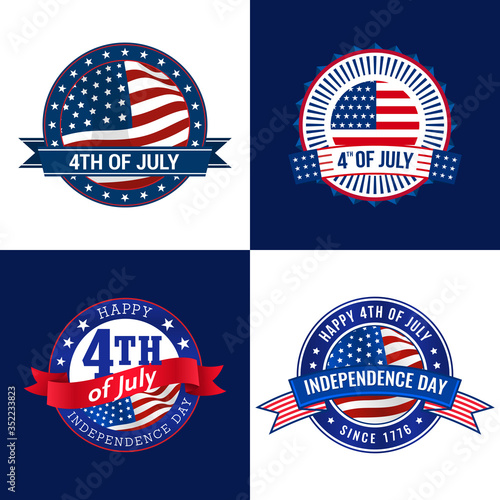 Happy 4th of July, USA Independence day badges with USA Flag, Stars, and ribbon. Vector Illustration.