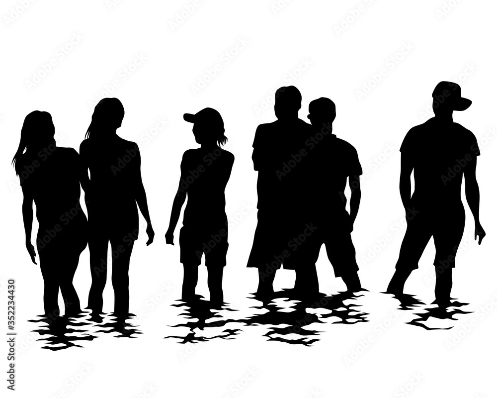 Young men and women on vacation at sea. Isolated silhouettes on a white background