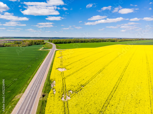 Yellow field and the road. Drone aerial photo from Belarus