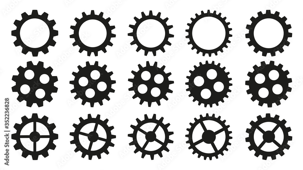 Set of black gears for your projects. Isolated image of gears on a white background. Vector for use in design, web page design, mobile applications. Unique gears with different number of teeth Set of black gears for your projects. Isolated image of gears on a white background. Vector for use in design, web page design, mobile applications. Unique gears with different number of teeth