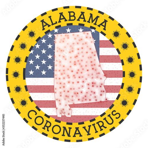 Coronavirus in Alabama sign. Round badge with shape of Alabama. Yellow us state lock down emblem with title and virus signs. Vector illustration.