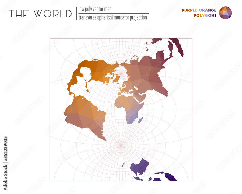 Fototapeta premium World map in polygonal style. Transverse spherical Mercator projection of the world. Purple and orange colored polygons. Neat vector illustration.