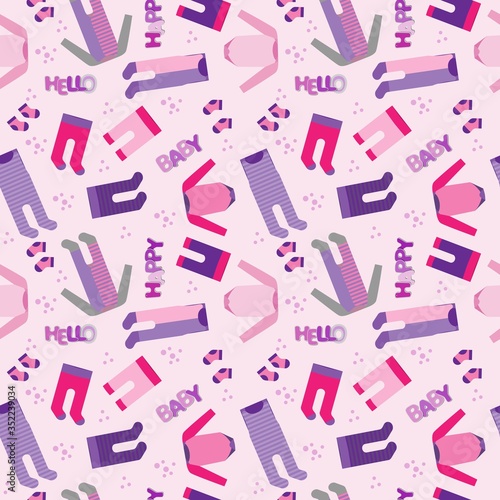 Baby girl Clothes, Pants and Socks Background, vector Seamless Pattern in pink and violet colors