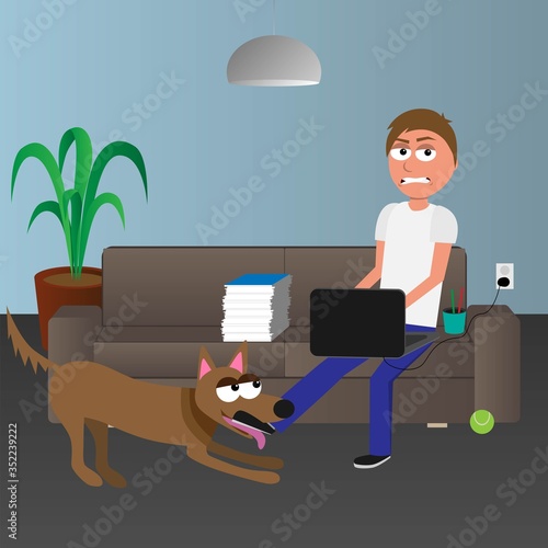 cute funny cartoon characters, man working on computer and dog wants to play, problems on homeoffice concept, vector illustration
