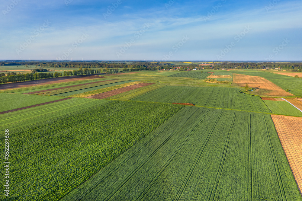 Aerial view of a country agricultural landscape in may Masuria, Poland.