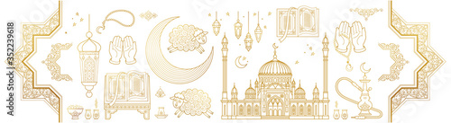 Vector set with arabic elements for Ramadan Greetings, Eid Al-Adha, Eid Mubarak cards. Arabic mosque, koran, crescent, Eastern lanterns for Kurban Bayraminiz. Islamic holidays. Easy to use, layred