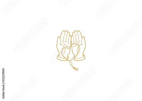 Vector line art  illustration. Open hands prayer with islamic rosary on white background. Isolated, muslim religion symbol. Pray icon, hand prayer.