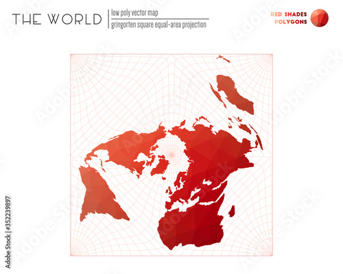 Triangular mesh of the world. Gringorten equal-area projection of the world. Red shaded polygons. Amazing vector illustration.