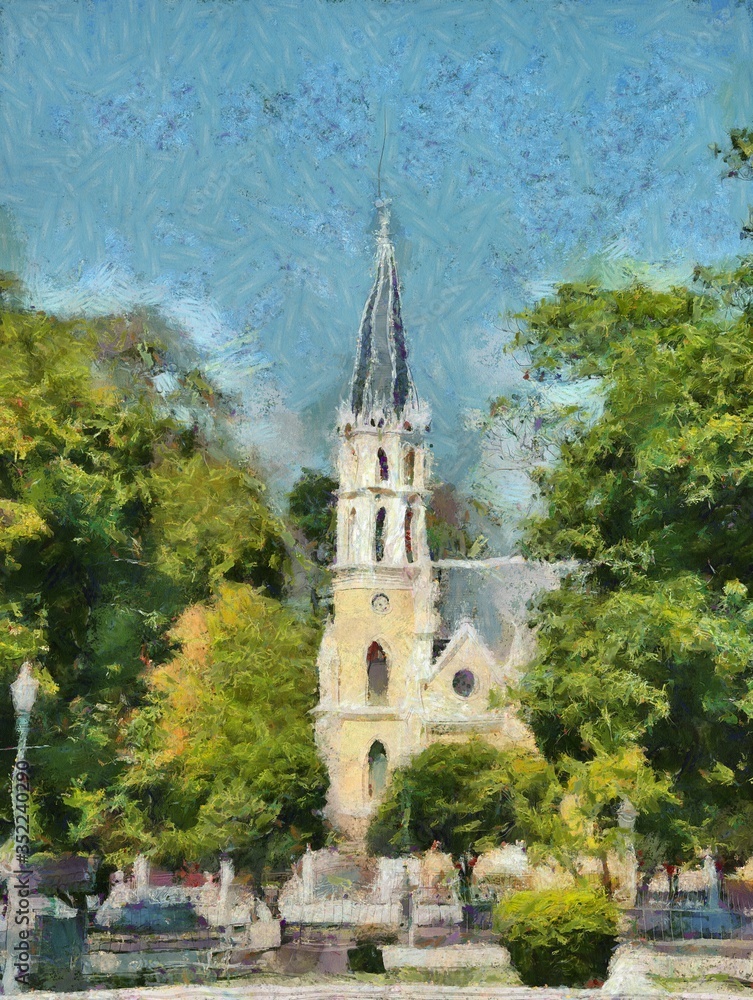 Ancient gothic churches Illustrations creates an impressionist style of painting.