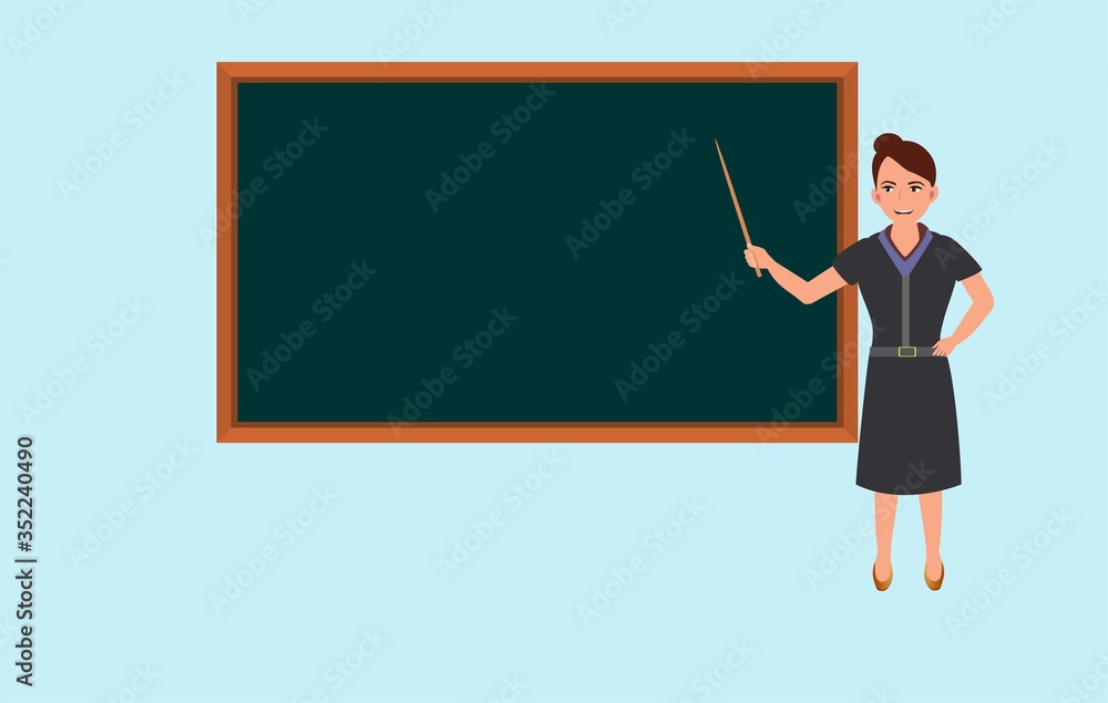 Woman teacher with pointer at hand on lesson at blackboard in classroom. Vector illustration Woman teacher with pointer at hand on lesson at blackboard in classroom. Vector illustration