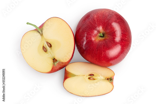 Red apple with half isolated on white background with clipping path and full depth of field. Top view. Flat lay.