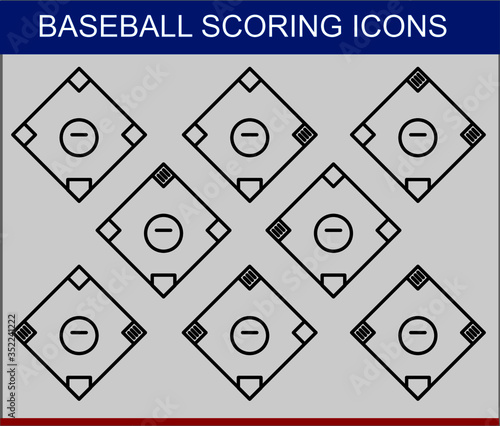 Baseball scoring icons. Man on first, second, and third. Bases loaded scorecard icons