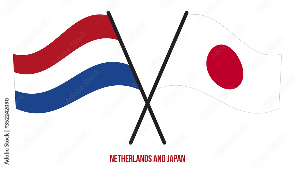 Netherlands and Japan Flags Crossed And Waving Flat Style. Official Proportion. Correct Colors Netherlands and Japan Flags Crossed And Waving Flat Style. Official Proportion. Correct Colors