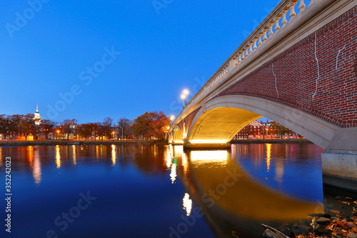 Photos Dunster House and John Weeks Bridge on campus of Harvard University at sunset