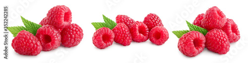 Ripe raspberries with leaf isolated on a white background, Set or collection