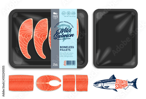 Vector salmon packaging illustration. Black foam tray with plastic film mockup. Modern style seafood label