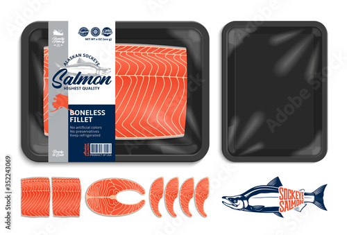 Vector Alaskan sockeye salmon packaging illustration. Black foam tray with plastic film mockup. Salmon steak and fillet