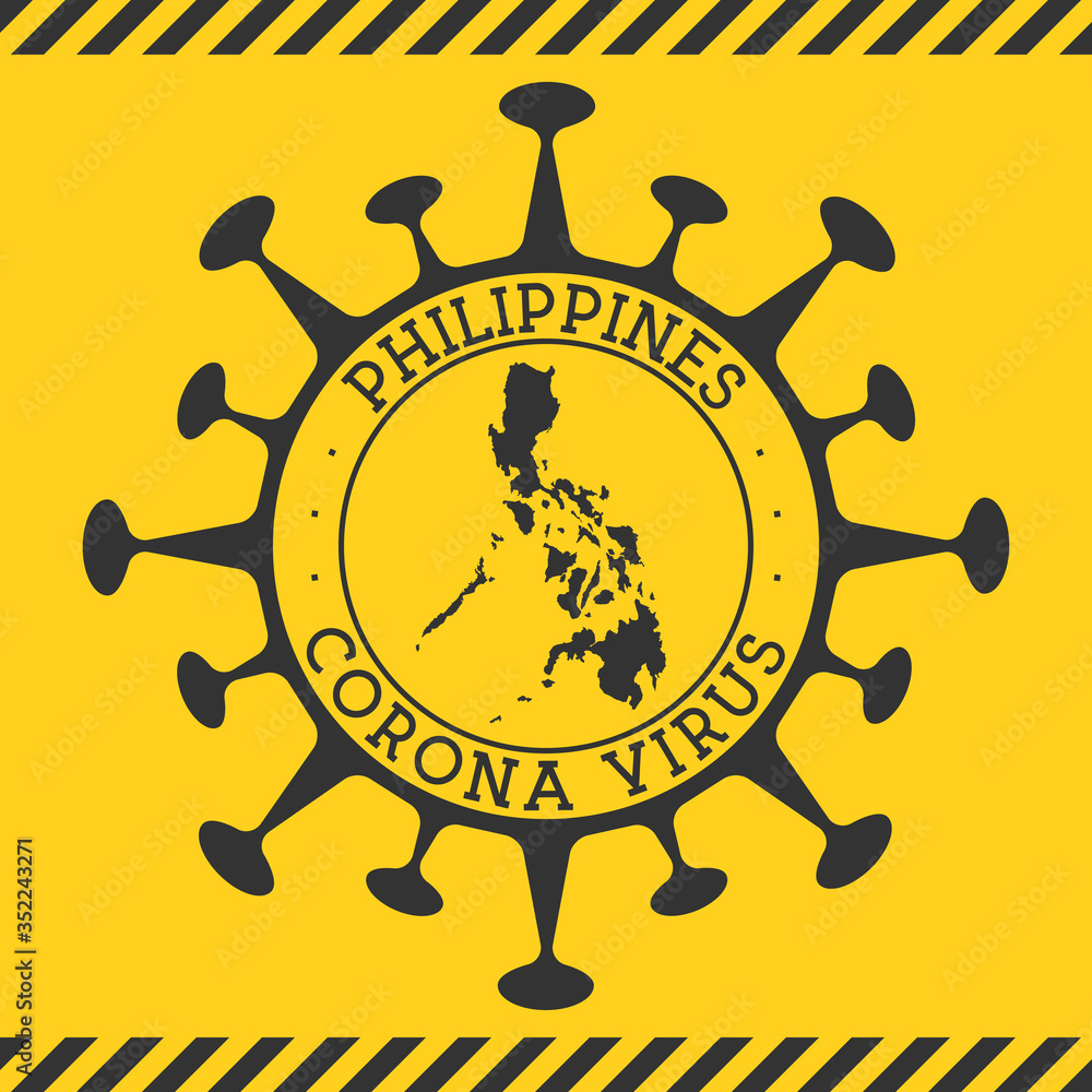 Corona virus in Philippines sign. Round badge with shape of virus and Philippines map. Yellow country epidemy lock down stamp. Vector illustration.