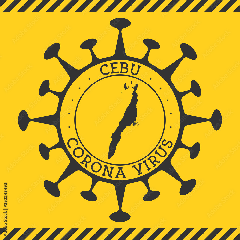 Corona virus in Cebu sign. Round badge with shape of virus and Cebu map. Yellow island epidemy lock down stamp. Vector illustration.