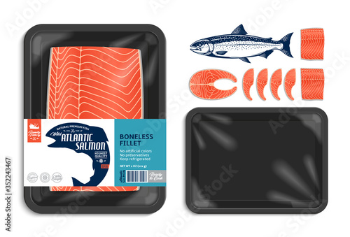 Vector Atlantic salmon packaging illustration. Black foam tray with plastic film mockup. Seafood label for groceries, fisheries, packaging, and advertising