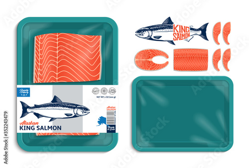 Vector Alaskan king salmon packaging illustration. Salmon steak and fillet. Teal color foam tray with plastic film mockup