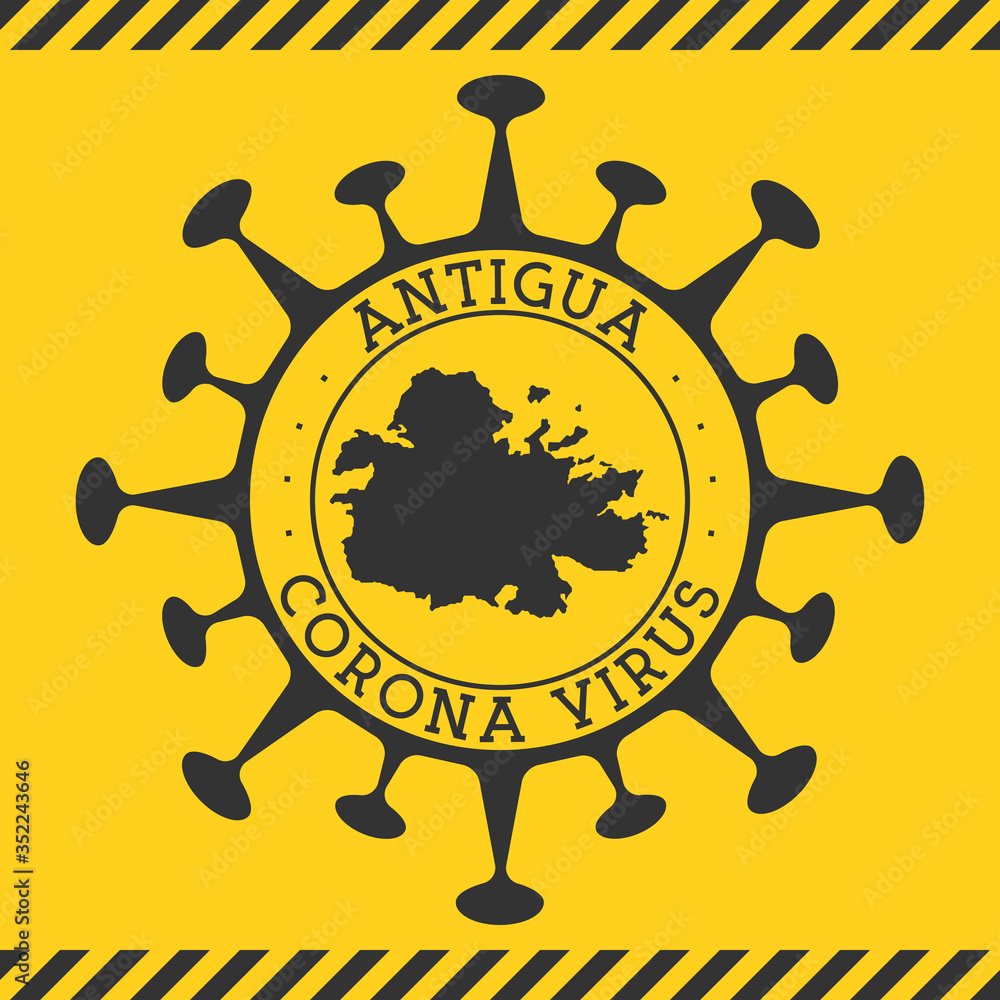 Corona virus in Antigua sign. Round badge with shape of virus and Antigua map. Yellow island epidemy lock down stamp. Vector illustration.