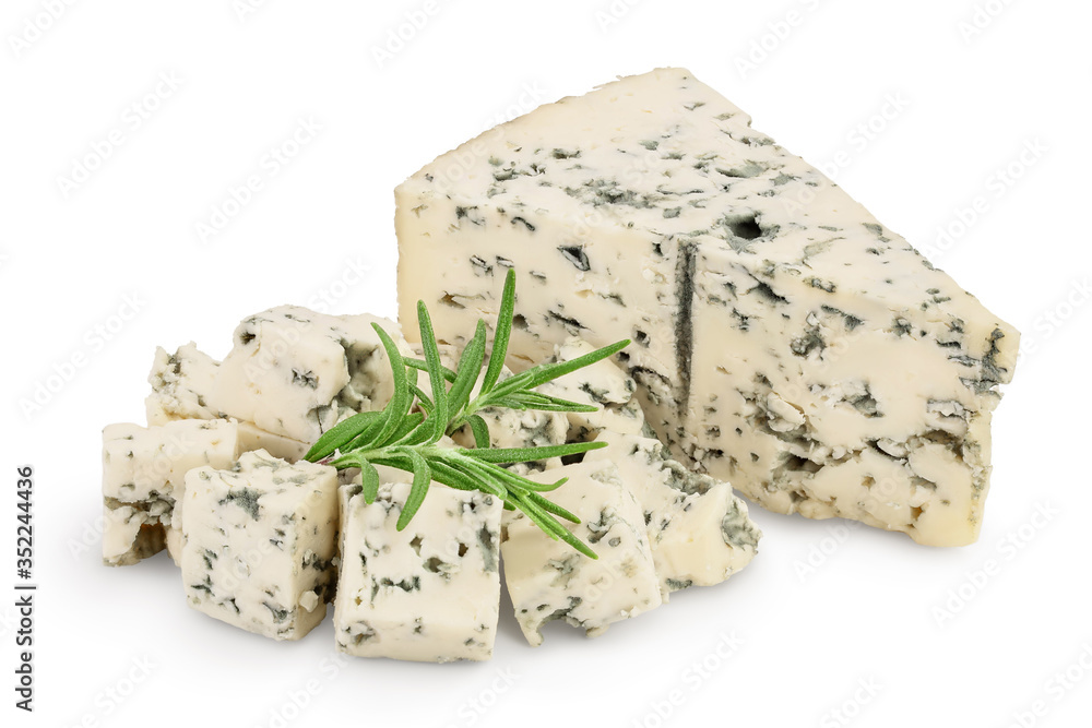 Blue cheese with rosemary isolated on white background with clipping path and full depth of field.