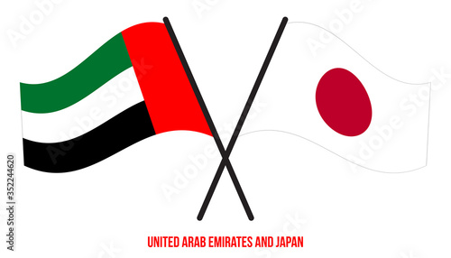 United Arab Emirates and Japan Flags Crossed And Waving Flat Style. Official Proportion