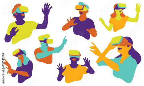 Group of man and woman in VR headset looking up at the objects in virtual reality