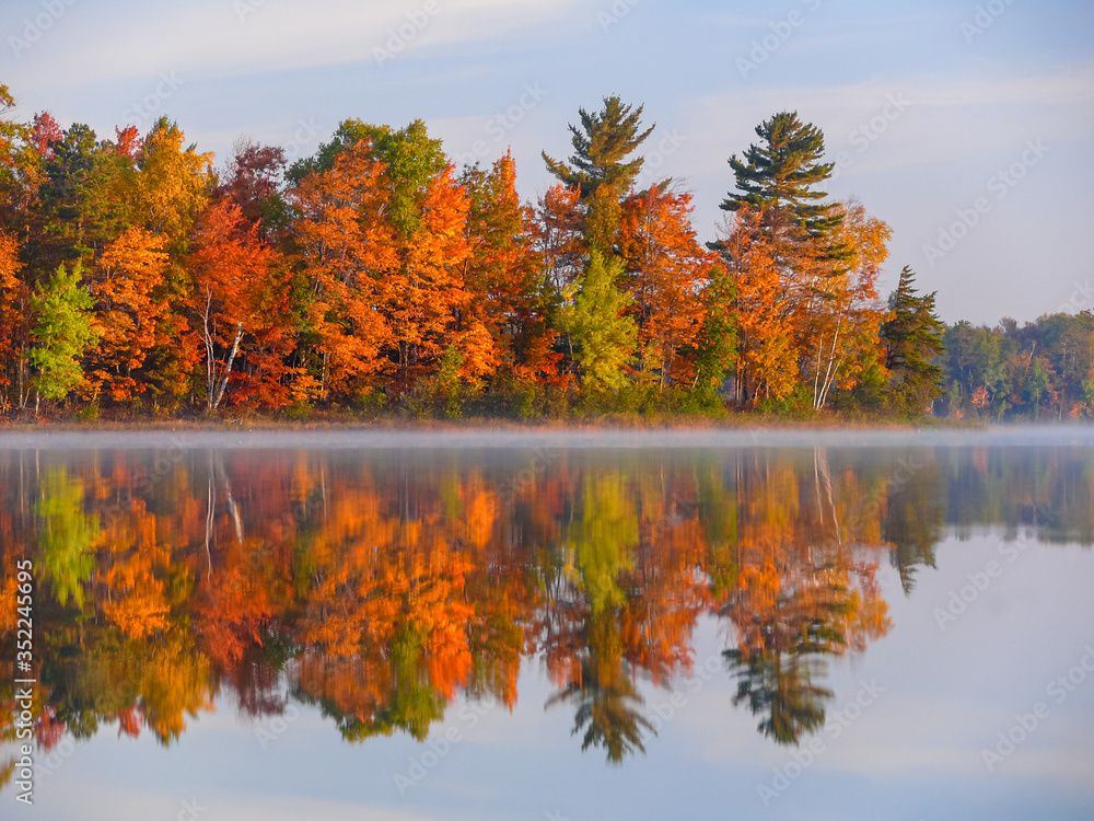 Reflection of colorful fall foliage on lake