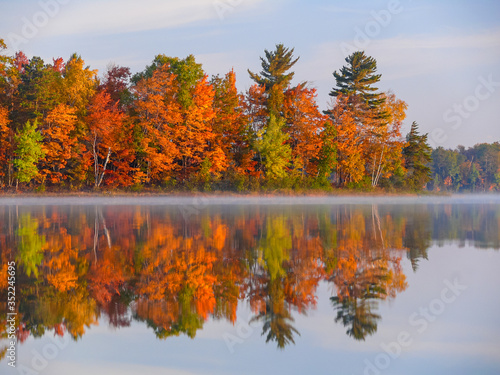 Reflection of colorful fall foliage on lake