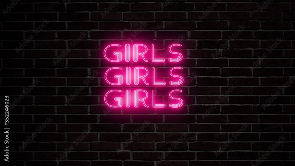 Adult sexy show entertainment symbol neon light text girls and 18 legal age flashing on black background Adult sexy show entertainment symbol neon light text girls and 18 legal age flashing on black background