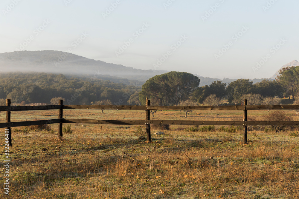 wooden fence on a farm in the Serrania de Cadiz in Grazalema during the morning