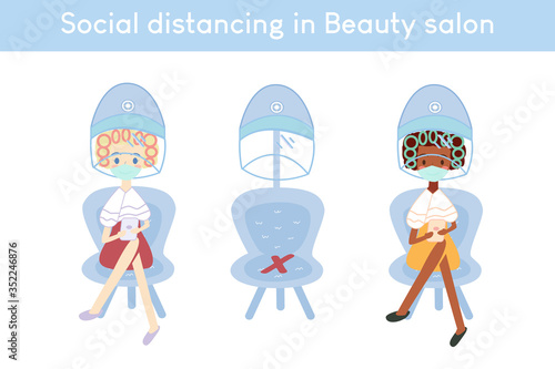 Vector illustration of Social distancing in Hair Salon or Beauty salon,Two Woman customers wearing Protective mask in Barber Shop, Equipments of Hairdresser, New Normal of Beauty Shop with Healthcare.
