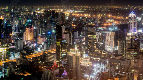 Aerial Panoramic Cityscape View of Bangkok with Street Lights at Night