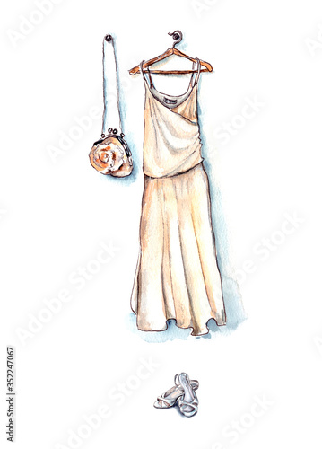 hand-drawn watercolor illustration. a white dress and a white bag hang on clothes hangers, and white shoes match the clothes. wedding dress, holiday clothing. isolated